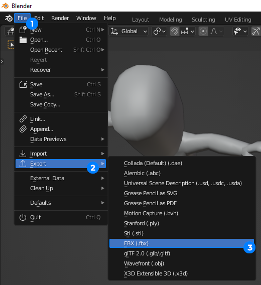 Select Export FBX from the top menu