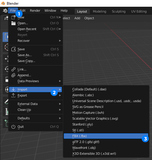 Select Import FBX from the File menu