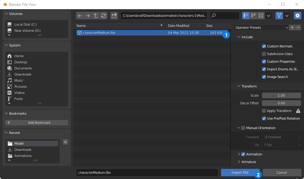 Select file and click Import FBX