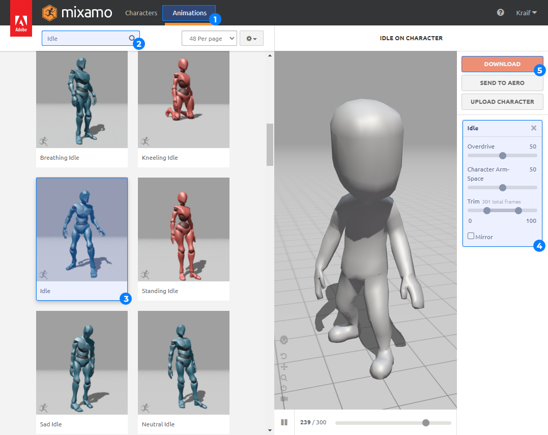 Select, configure and download animation